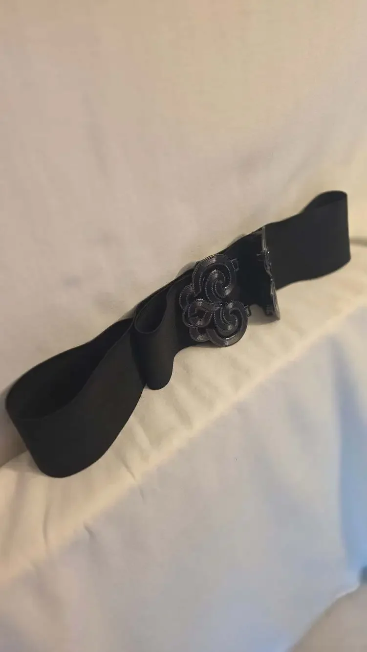 Black Elastic Stretch Belt with Silver Tone Swirl Buckle
